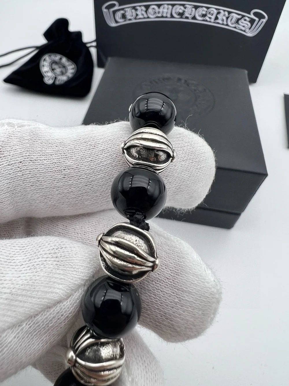 Chrome Hearts Men's Black Beaded Bracelet with Silver Accents